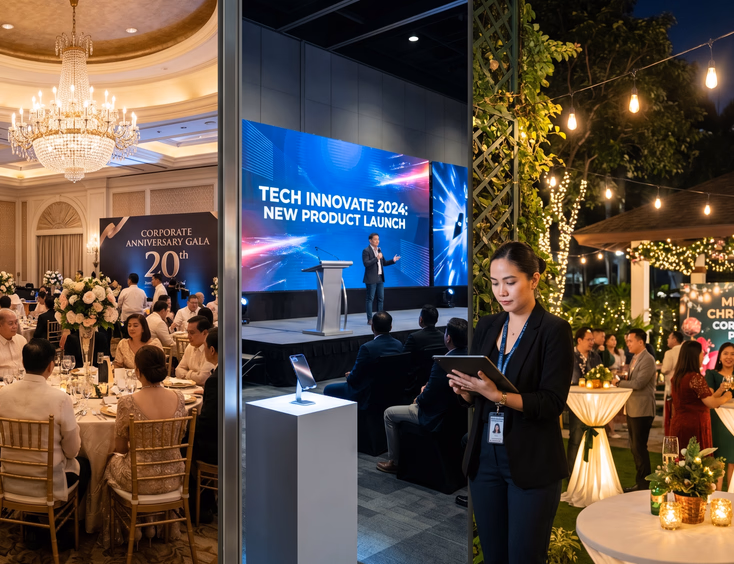 Split composition showcasing three Filipino corporate event setups: a ballroom gala, a product launch, and an outdoor garden party.