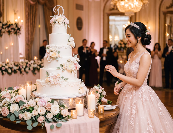 A Filipina debutante in a ball gown admires a five-tier white fondant cake with sugar flowers on a candlelit pink table.