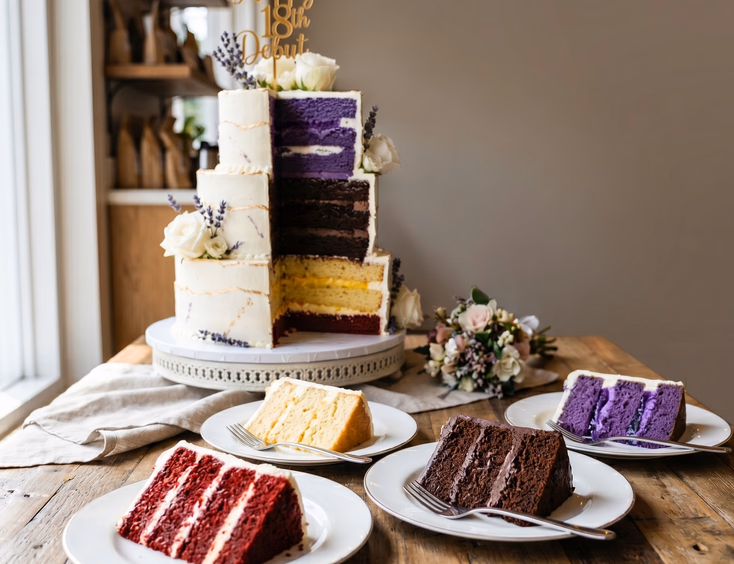 A close-up of a sliced four-tier debut cake revealing layers of ube macapuno, chocolate, mango chiffon, and red velvet.