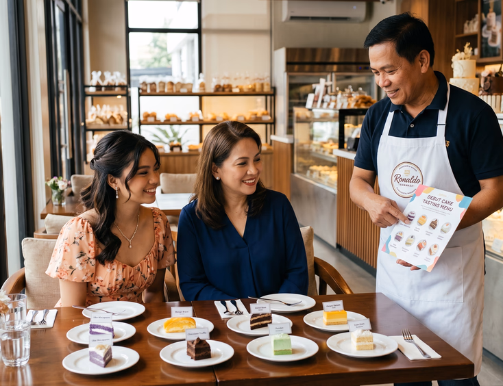 A Filipina debutante and her mother sample cake flavors at a bakery while the baker explains options from a printed menu.