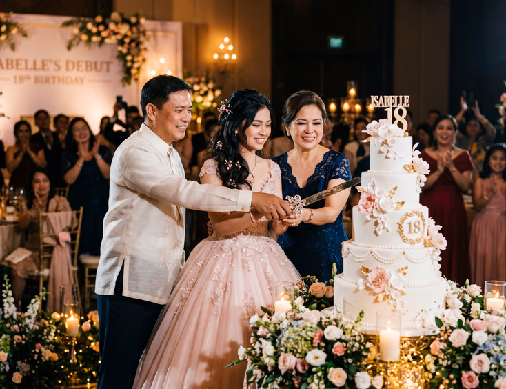 A Filipina debutante and her parents cut an elegant white tiered cake together under a spotlight as ballroom guests applaud.