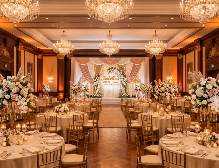 Empty Metro Manila ballroom for a Filipino debut, with crystal chandeliers, tall floral centerpieces, gold chairs, and warm amber uplighting.