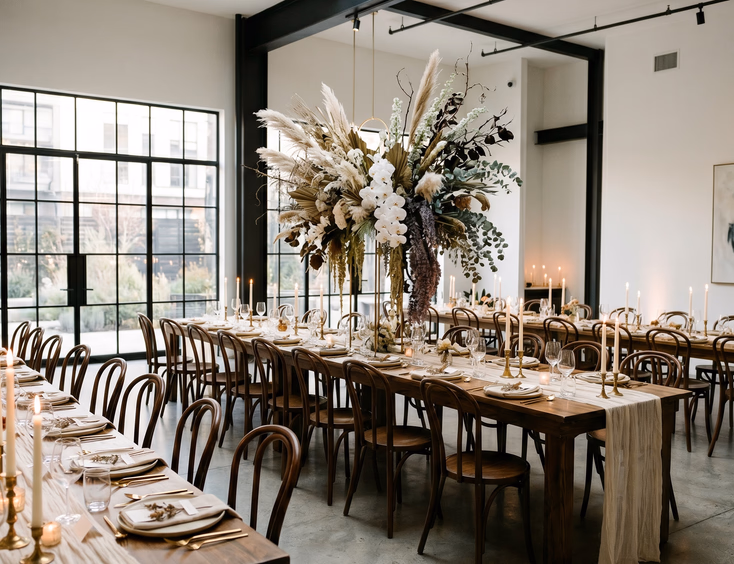Empty modern boutique venue with clean lines, high ceilings, polished concrete floors, industrial windows, and a sculptural floral centerpiece.