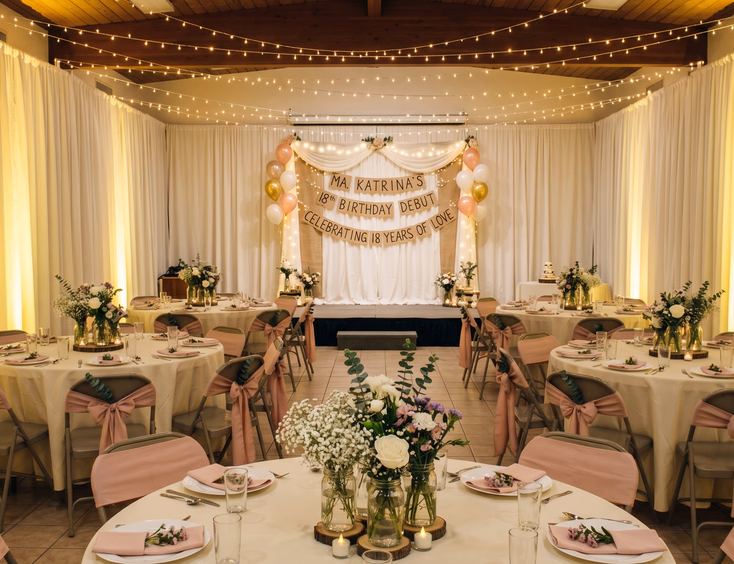 Empty modest function hall transformed on a budget for a Filipino debut, with string lights, white fabric, DIY floral, and warm uplighting.