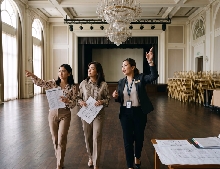 Filipino debutante and her mother examine an empty hotel ballroom with a coordinator during a venue ocular, with blueprints and a checklist.
