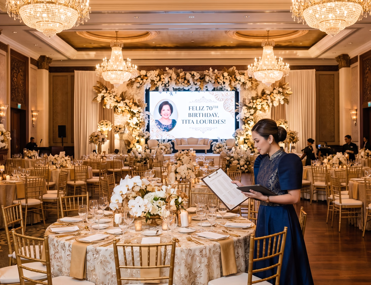 An event coordinator reviews an elegant Metro Manila hotel grand ballroom set up for a milestone birthday with gold and ivory linens.