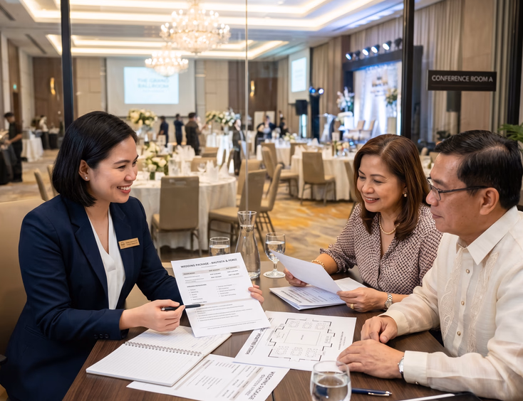A hotel events manager presents an itemized package proposal and floor plan to Filipino parents during a booking consultation in Manila.