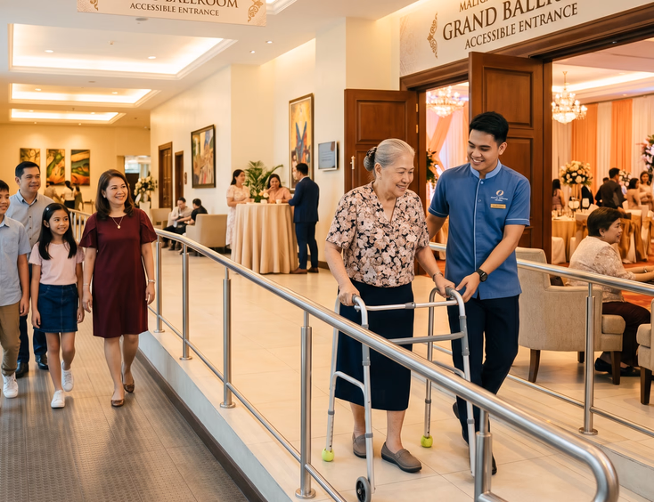 A Filipino hotel staff member assists an elderly lola with a walker up an accessible ramp into a ballroom for a family birthday event.