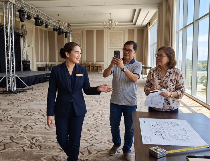 A hotel event coordinator guides Filipino parents through a ballroom site visit, discussing the stage layout and event floor plan.