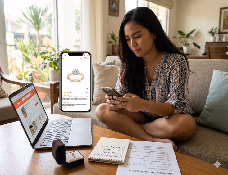 A Filipino woman in her late 20s sits cross-legged on a couch in a bright Philippine living room, holding her phone displaying an online jewelry shop product page with a ring photo, star ratings, and customer reviews. On the coffee table in front of her, an open laptop shows the same shop's Shopee storefront alongside a notepad with handwritten jeweler names and checkmarks, a printed verification checklist, and an open ring box from a previous purchase.