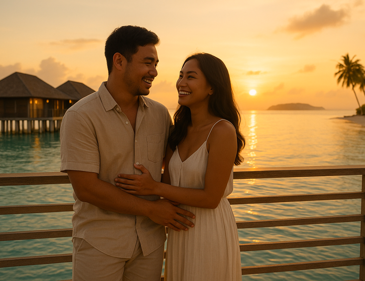 Young Filipino couple on a private deck over clear water at sunset with villa lights glowing and calm sea below