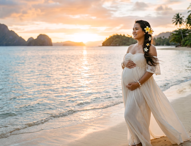 A serene radiant pregnant Filipino woman wears a flowing gown on a scenic Philippine beach at golden hour, with calm water behind her.