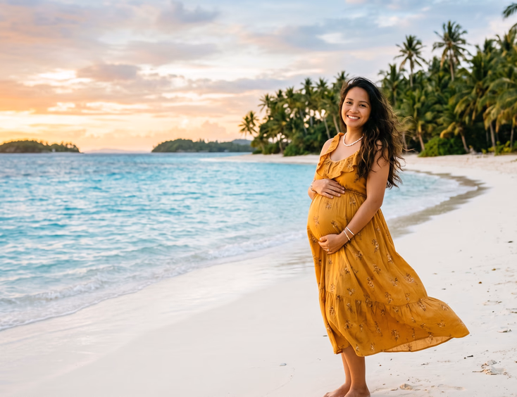 Under warm tropical light, a pregnant Filipino woman in a flowing dress stands on white sand with palm trees and turquoise water behind her.