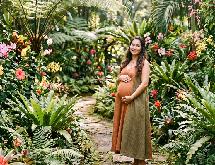 In a Philippine botanical garden, a pregnant Filipino woman wearing an earth-toned dress stands among lush ferns and flowers in soft dappled light.