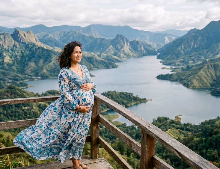 At a mountain lake viewpoint, a pregnant Filipino woman in a flowing dress stands before dramatic open scenery under cool soft daylight.