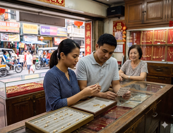 A Filipino-Chinese couple in their late 20s stands at the open counter of a long-established jewelry shop along Ongpin Street in Binondo, Manila. The woman holds a yellow gold couple band set and examines one ring closely while her partner reads a handwritten price card. Behind the worn wooden display cases and glass-fronted ring trays, an older Filipino-Chinese female shop owner in her 60s watches with a calm and practiced expression as busy Ongpin Street foot traffic is softly visible beyond the open shop entrance.