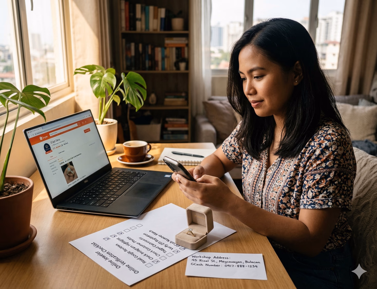A Filipino woman in her late 20s sits at a desk in a tidy Metro Manila apartment home office, holding her phone displaying a Filipino-owned jewelry business Instagram profile with ring product posts, tagged customer photos, and a Ring Reviews story highlight. Her laptop beside her shows the same jeweler's Shopee page with a 4.9-star rating. On the desk, a printed verification checklist with several boxes ticked, a small open ring box with a moissanite solitaire inside, and a handwritten note with a jeweler's address and GCash number reflect a focused, mid-verification moment.