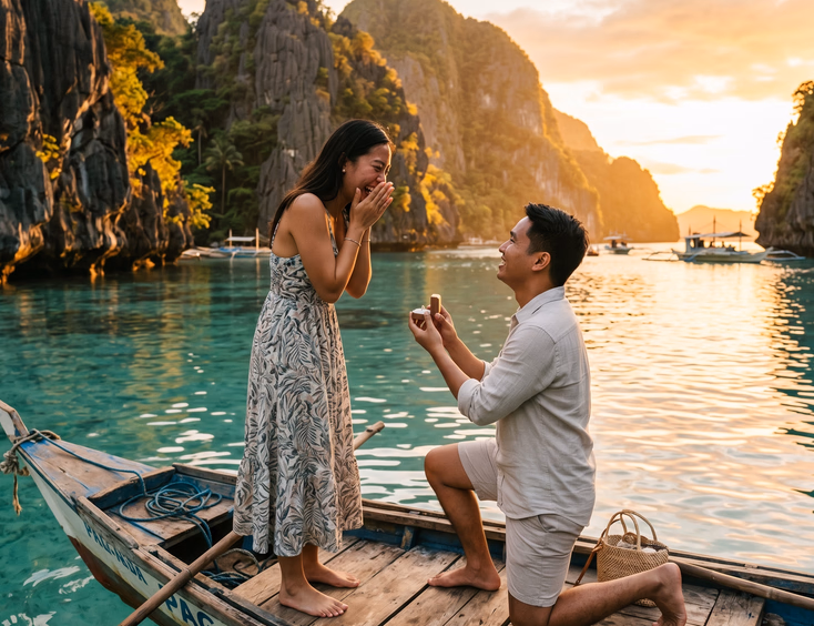 A young Filipino man proposes on one knee to his girlfriend on a small wooden boat in a scenic island lagoon at sunset.