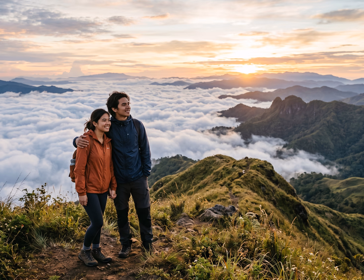 A young Filipino couple stands on a grassy highland ridge, wearing light jackets and admiring a beautiful sea of clouds at sunrise.