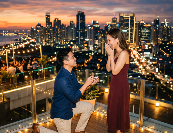 A young Filipino man proposes on one knee to his elegant partner at a rooftop venue overlooking a glittering city skyline at sunset.