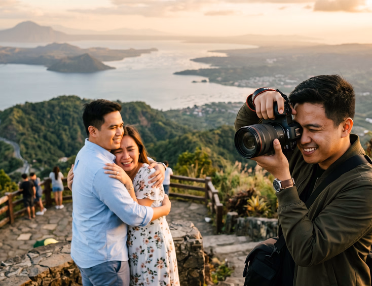 A professional photographer captures a candid moment of a Filipino couple embracing at a scenic viewpoint in the Philippines.