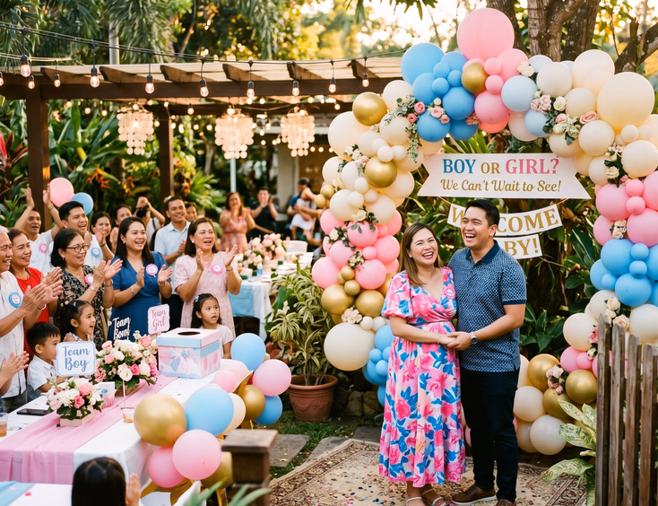 A happy Filipino couple celebrates their gender reveal party in a bright garden venue surrounded by a balloon arch and loved ones.