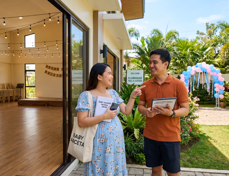 A Filipino couple explores potential gender reveal venues, comparing an outdoor garden space and a local village clubhouse hall.
