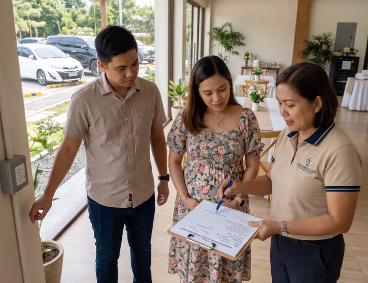 A practical Filipino couple reviews a booking sheet while inspecting a gender reveal venue's space, parking, and power setup.