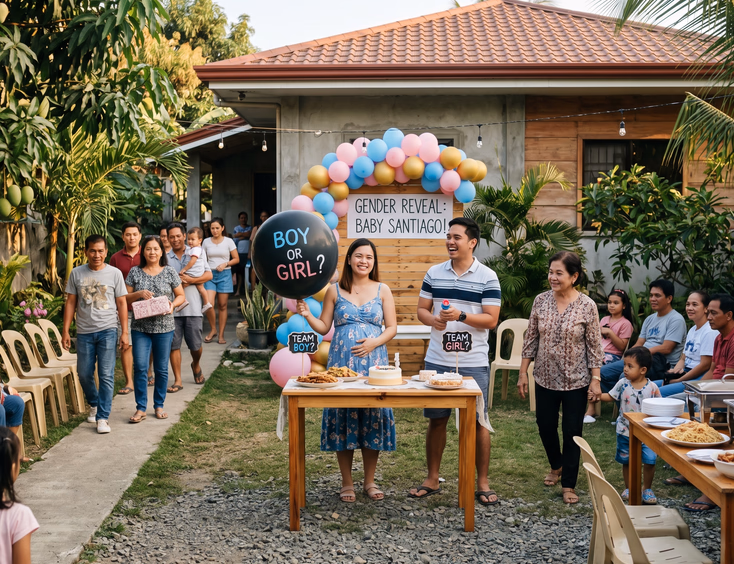 A Filipino couple hosts a cozy gender reveal in their backyard, featuring a simple balloon decoration and tables set for relatives.
