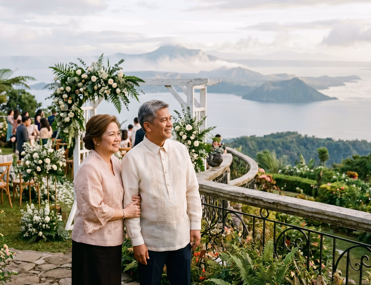 Filipino couple in traditional attire looking at Taal Volcano from a Tagaytay garden venue during late afternoon.