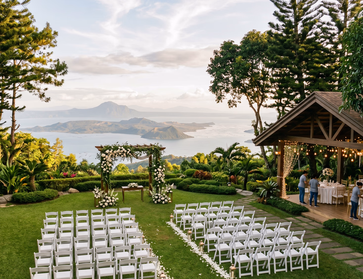 Outdoor Tagaytay garden venue setup for a vow renewal with chairs, a floral arch, and a view of Taal Volcano.