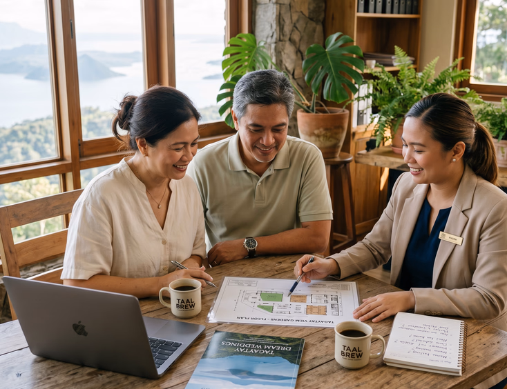 Filipino couple in their late 40s meeting with a venue coordinator in a sunlit Tagaytay office to review floor plans.