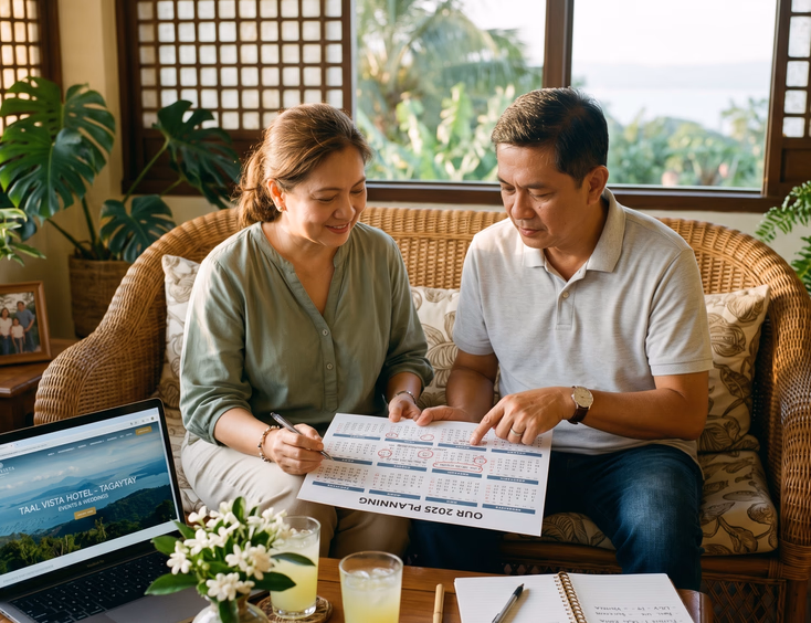 Filipino couple in their 50s sitting on a rattan sofa at home, reviewing a calendar to plan their vow renewal.