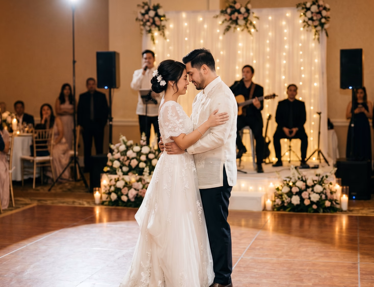 Filipino bride and groom with foreheads touching in a close hold under a warm spotlight during their first dance, with blurred seated guests and a live acoustic duo visible on a low stage in the background