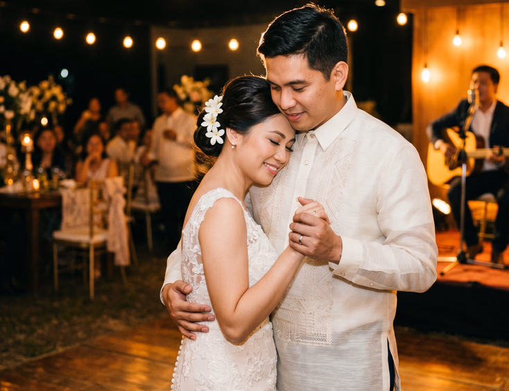 Filipino bride resting her head on the groom's shoulder with eyes closed during a slow dance, with a Filipino acoustic guitarist performing on a small stage and warm string lights overhead in an emotional and tender moment