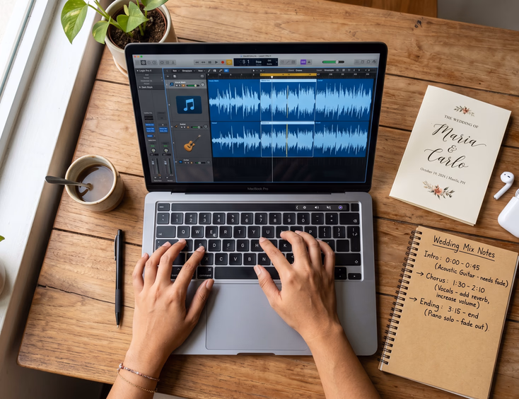 Top-down view of a laptop showing an audio waveform in music editing software beside a printed wedding program, earbuds, and a notebook with handwritten song section notes on a wooden table in natural daylight