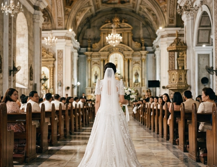 Filipino bride walking down the marble aisle of San Agustin Church in Intramuros, lifting her ivory lace gown to reveal satin block-heel pumps in soft stained glass light