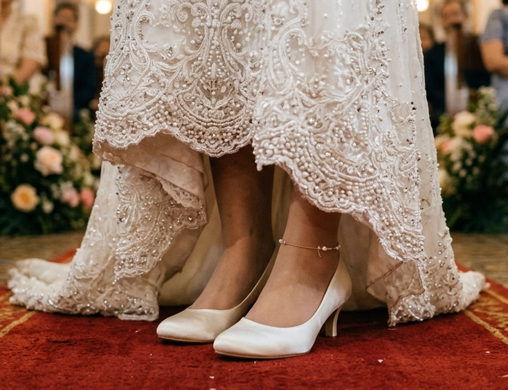 Close-up of a Filipino bride's ivory closed-toe satin pumps on a red carpet church aisle, with white beaded gown hem draped around her ankles under warm chandelier light