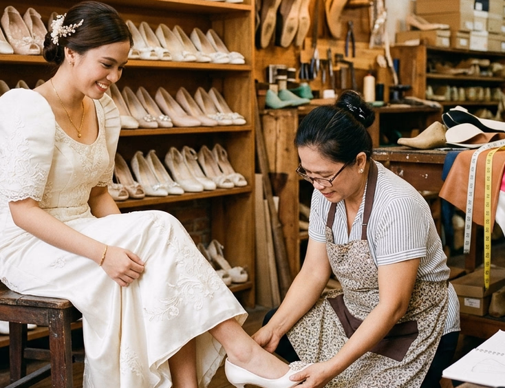 Filipina shoemaker in a Marikina atelier fitting a custom ivory satin pump on a Filipino bride, surrounded by bridal heels and fabric swatches under warm pendant lighting