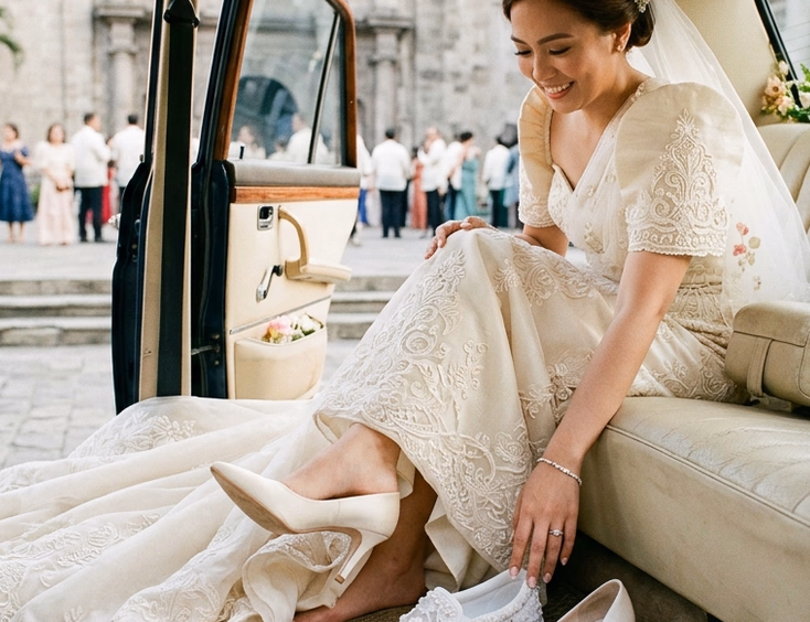 Filipino bride in a bridal car outside a Manila church swapping ivory satin pumps for white embroidered sneakers, with her gown train spilling across the car floor