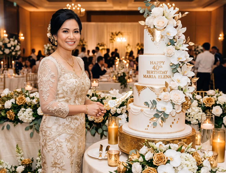 Filipina celebrant with a knife stands by a grand white and gold four-tier custom cake decorated with sugar flowers in a hotel ballroom.