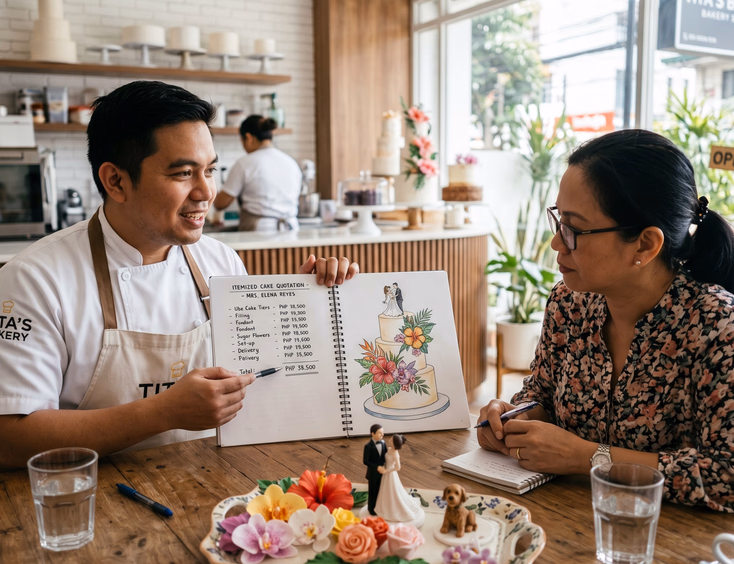 Filipino baker presents a cake quote and sketch for a custom three-tier birthday cake to a mother at a consultation table.