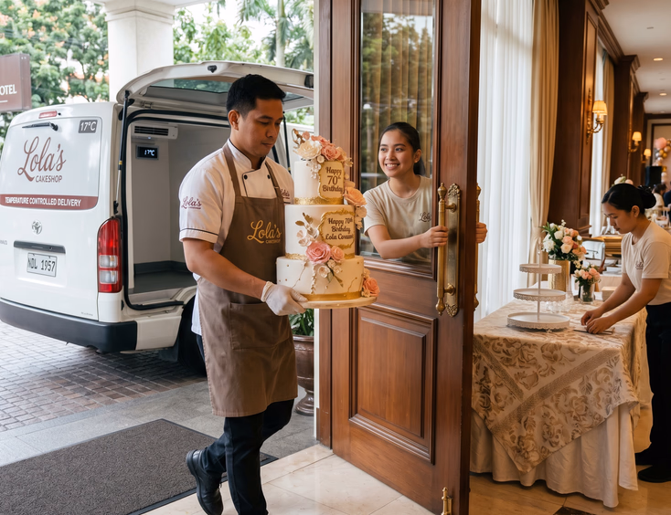Filipino baker delivers a tiered birthday cake from a delivery van into a hotel function room, as assistants prepare the cake table.