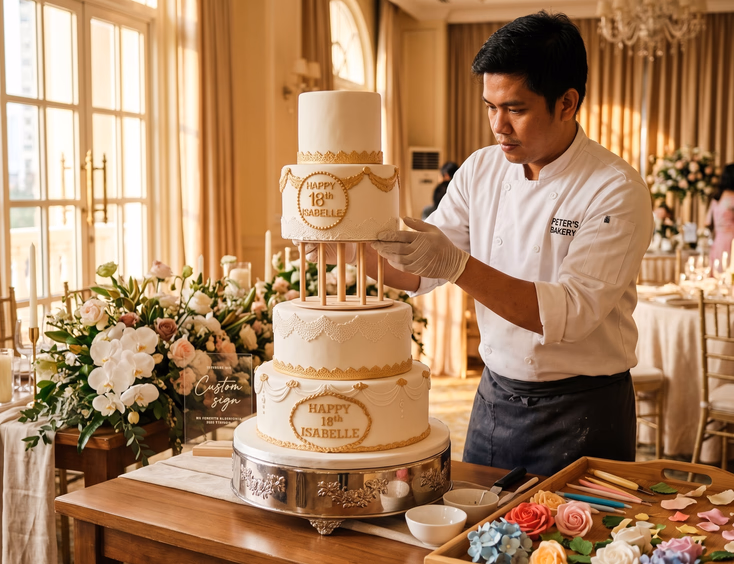 Filipino baker constructs a multi-tier birthday cake on a styled table in a hotel function room, showing support structures.