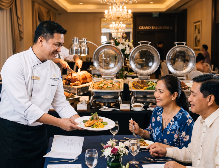 A Filipino caterer presents a plated sample dish to parents during a professional birthday party catering food tasting consultation.