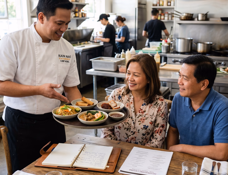 A Filipino head chef presents traditional food tasting plates of pancit and kare-kare to parents during a catering menu consultation.