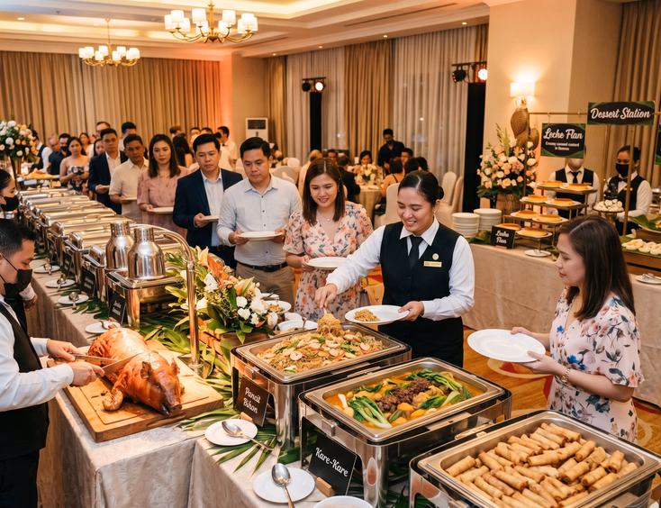 A long Filipino catering buffet table inside a hotel function room features chafing dishes of lechon and pancit with servers assisting.