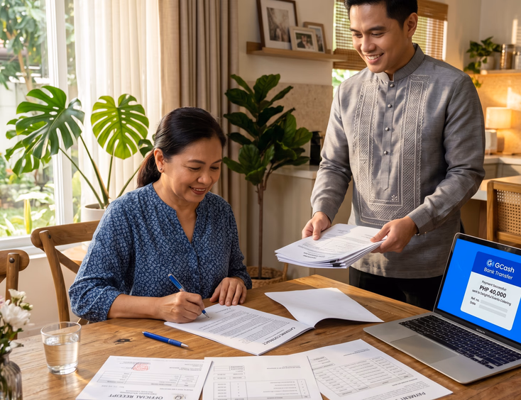 A Filipina mother signs a printed catering contract at home while a Filipino party caterer hands her a receipt and booking confirmation.