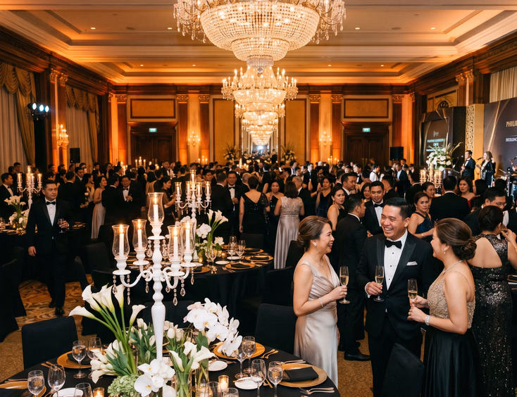 Classic black tie corporate gala in a Manila hotel ballroom. Filipino guests in elegant tuxedos and gowns mingle under crystal chandeliers.