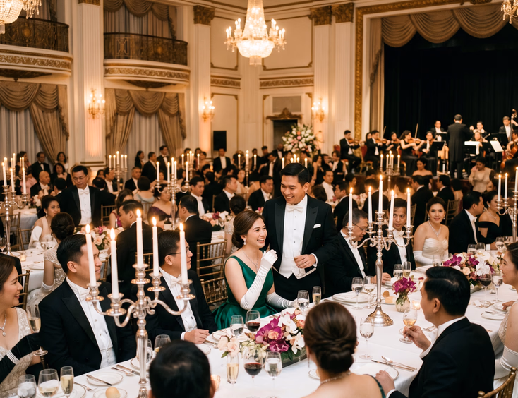 Ultra-formal Filipino white tie gala dinner in a grand ballroom. Guests in tailcoats and ball gowns are seated at elegant dining tables.